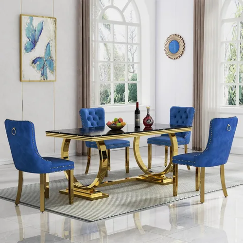Miniatura 62 de HomVent Juego de mesa de comedor moderna de mármol sintético para 4 personas, mesa de cocina rectangular con 4 sillas beige (dorado)