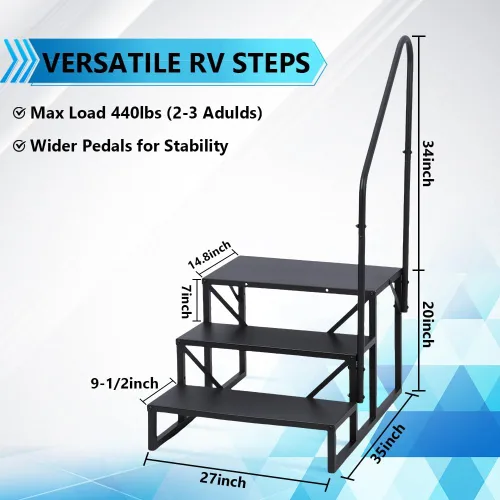Miniatura 2 de Towallmark RV 3 escalones con pasamanos, peldaños de metal para bañera de hidromasaje, escaleras portátiles para RV, escaleras de casa móvil