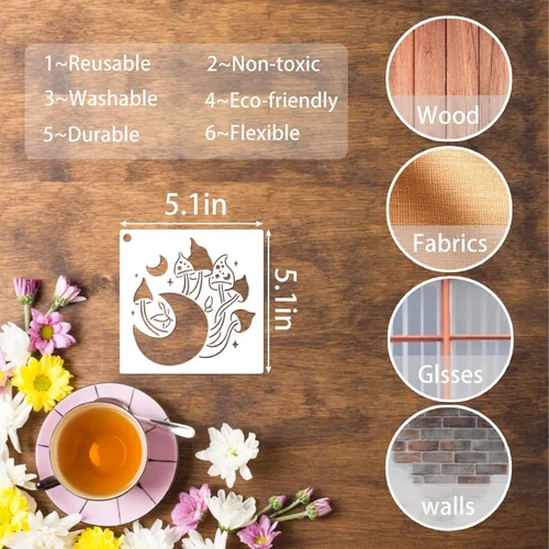 Miniatura 7 de 20 piezas de plantillas de hongos, plantillas reutilizables de hongos de estilo bohemio, luna y flores para pintar en madera, lienzo, azulejos