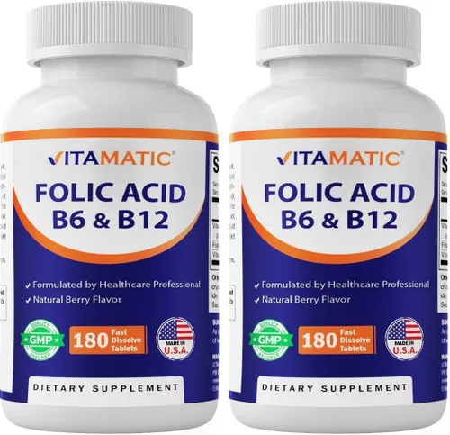 Miniatura 10 de Vitamatic Ácido fólico, vitamina B12 y B6 – 180 tabletas de disolución rápida Salud del corazón, producción de energía y apoyo de glóbulos rojos