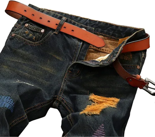 Miniatura 6 de utcoco Pantalones de mezclilla clásicos para hombre, corte delgado, cintura media, pierna recta, agujeros rasgados, rasgados, jeans