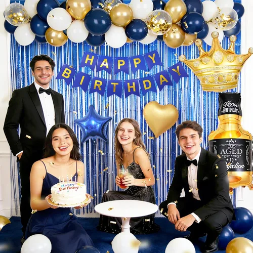 Miniatura 5 de Decoraciones de cumpleaños azul marino para hombres con pancarta de feliz cumpleaños, cortinas, botella, corona, globos de estrella de corazón y luz