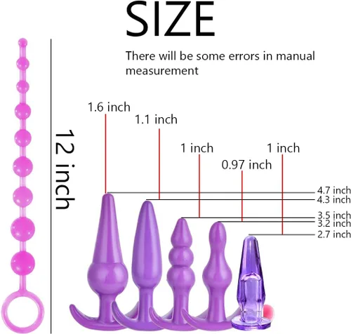 Miniatura 3 de Juego de 6 tapones anales de silicona impermeables para mujeres y hombres, con kit de enchufe de cuentas, paquete de 6 tapones anales, color morado