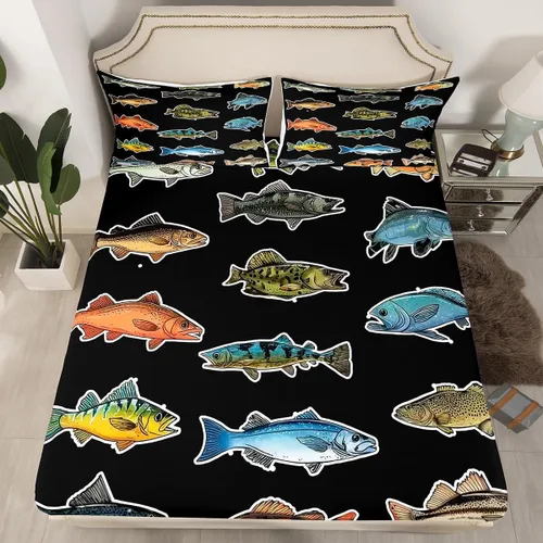 Erosebridal Fishing Fitted Sheet Twin for Boys, Big Pike Fish Black Bed Sheets for Rustic Farmhouse Lake House Decor, Fishing Bedding Set Marine