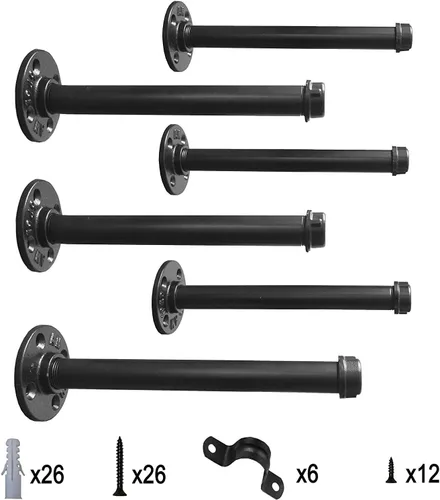 Miniatura 2 de Juego de 6 soportes industriales para estantes de tubería de hierro negro – 12 pulgadas, soporte flotante rústico resistente, perchero para ropa