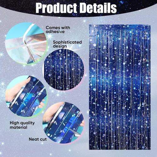 Miniatura 4 de Tingjoo Paquete de 2 cortinas de papel de aluminio de galaxia para decoraciones de fiestas temáticas espaciales, cortinas de oropel iridiscente azul