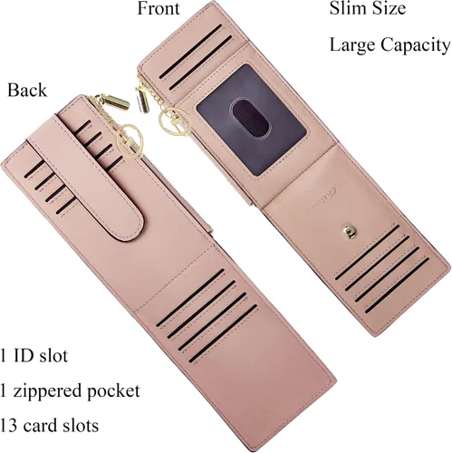 Miniatura 3 de Chelmon Billetera delgada con bloqueo RFID para mujer, con bolsillo con cremallera, Rosa Champán, Minimalista