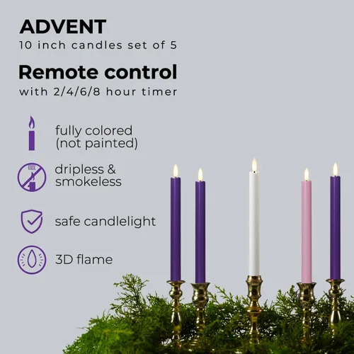 Miniatura 2 de Stmarry - Velas de Adviento sin llama, juego de 5 - Llama parpadeante LED, velas cónicas de 10 pulgadas, control remoto - 3 moradas, 1 rosa, 1