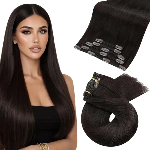 Miniatura 34 de Moresoo Extensiones de cabello humano con clip, balayage, color marrón oscuro a marrón dorado con clip, extensiones de cabello humano con clip, 5