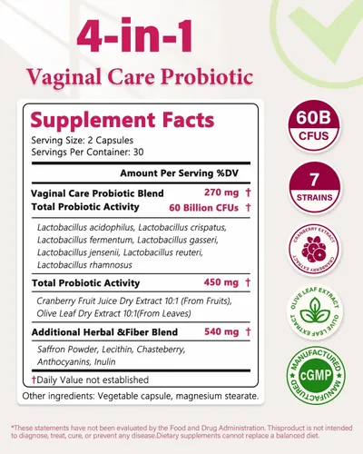 Miniatura 10 de Probióticos vaginales para mujeres, equilibrio de pH y apoyo de olores saludables con lactobacillus, prebióticos y arándanos, 60 mil millones