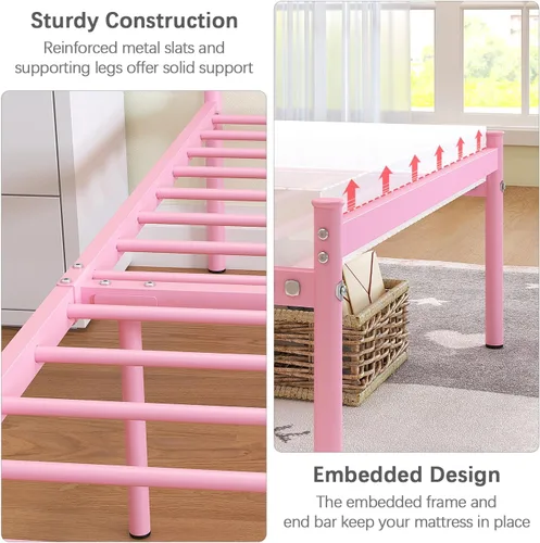 Miniatura 6 de Weehom Base de cama individual con cabecero, plataforma de metal resistente debajo de la cama, espacio de almacenamiento fácil de montar para niños