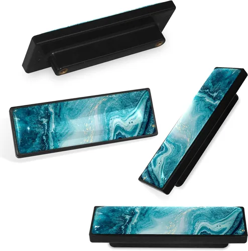 Miniatura 2 de LORVIES Paquete de 4 pomos decorativos de mármol de 3.6 pulgadas para gabinete, vidrio ABS largo rectangular negro, manijas de puerta de cajón