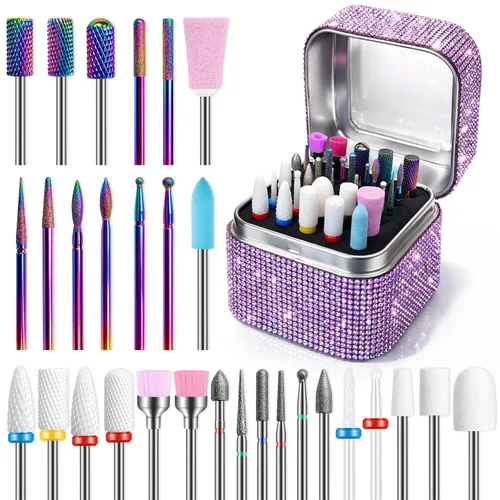 Miniatura 10 de Juego de 30 brocas para uñas: brocas de diamante de 3/32 pulgadas para preparación de uñas de gel acrílico, contiene cabezas