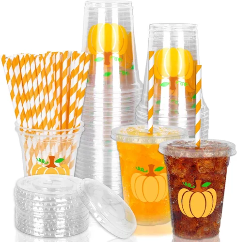 Miniatura 16 de Whaline 50 vasos de plástico desechables patrióticos de 12 onzas con tapas y pajitas con la bandera estadounidense del 4 de julio, vasos