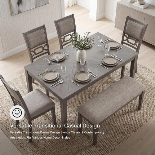 Miniatura 7 de Signature Design by Ashley Wrenning - Juego de mesa de comedor con estampado de diamantes, 4 sillas tapizadas y banco, asientos para 6, madera, gris