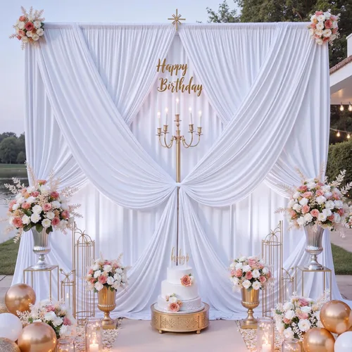 Miniatura 3 de Cortinas de telón de fondo blanco de 30 pies x 8 pies para fiestas de boda, 6 paneles de 5 pies x 8 pies, cortinas de fotografía de poliéster sin