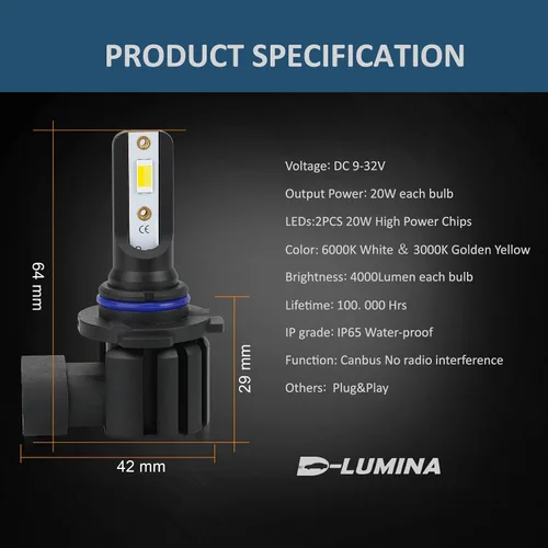 Miniatura 5 de D-Lumina H10 Switchback - Bombillas LED antiniebla, 8000 lúmenes, 40 W, 300% brillo, doble color, 6000 K, xenón blanco/3000 K amarillo dorado, 9145