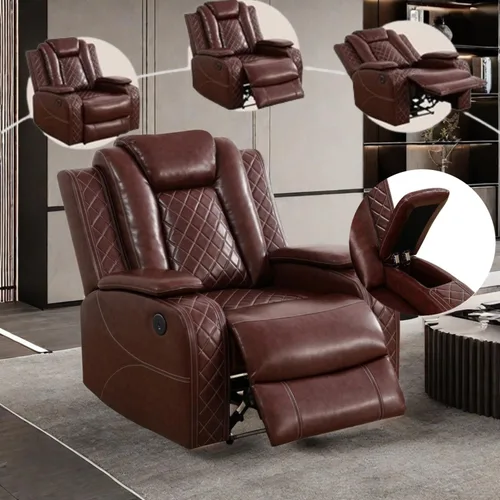 Miniatura 5 de Juego de sillón reclinable eléctrico con luces LED, juego reclinable de cuero sintético con puerto USB/cargador inalámbrico/consola de Borgoña