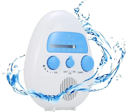 Miniatura 10 de Radio de ducha impermeable, radio AM/FM con altavoces de volumen ajustables, altavoces portátiles alimentados por batería con mango de gancho