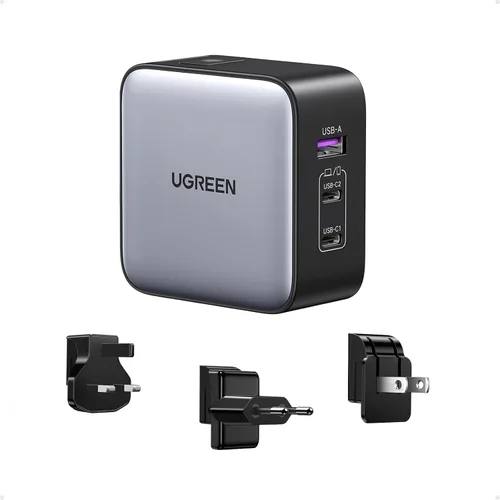 UGREEN Adaptador de viaje USB C de 65 W, cargador rápido plegable con enchufes de EE. UU./Reino Unido/UE, adaptador de corriente internacional de 3