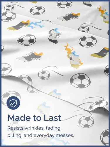 Miniatura 4 de Juego de sábanas de fútbol para niños tamaño Queen - 4 piezas de sábanas de fútbol - Ropa de cama con tema deportivo - Ultra suave, lindo y acogedor