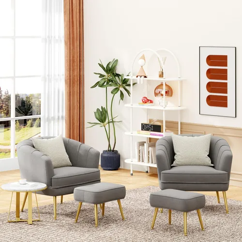 Miniatura 5 de Sillas decorativas de terciopelo con otomana para sala de estar, dormitorio, oficina, ocio, tapizadas, sofá individual, silla con brazo, cómoda Gris