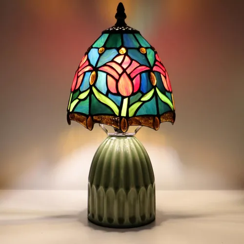 Miniatura 11 de Tiffany Lamp Stained Glass Mushroom Table Lamps 6X6X12.5 Inch Pink Jewelry Baroque Style Small Night Light Ceramic Base Mini Accent Desk Light
