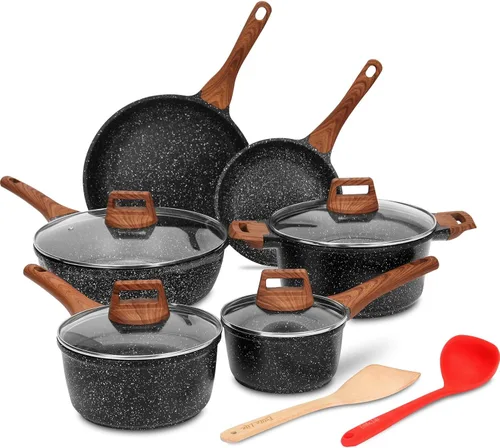 ESLITE LIFE Juego de utensilios de cocina antiadherentes, 12 piezas de ollas y sartenes con revestimiento de granito, juego de cocina, compatible