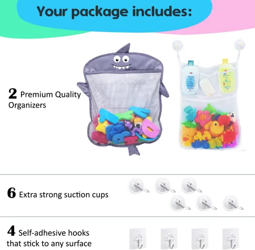 Miniatura 4 de 2 organizadores de juguetes de baño de malla + 6 ganchos ultra fuertes, el soporte perfecto para juguetes de bañera y organizador de baño o ducha