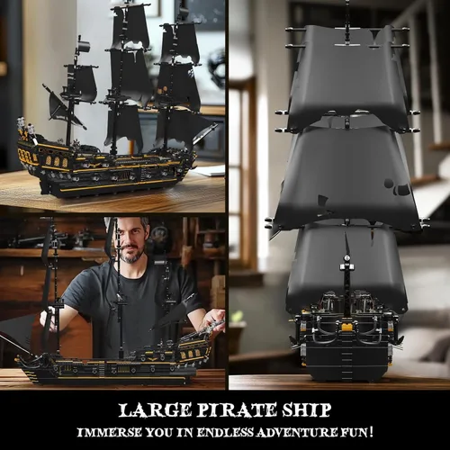 Miniatura 3 de Mould King 13199 Kit de Bloques de Construcción Modelo de Barco Pirata, MOC Juego de Construcción Modelo de Velero Perla Negra Grande