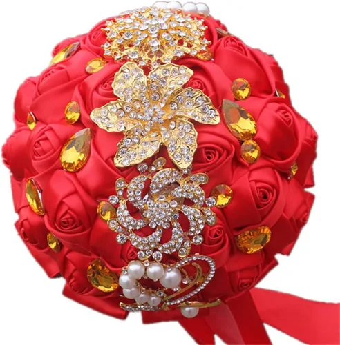 Miniatura 7 de Ramo de novia de 8 pulgadas con rosas de satén de 8 pulgadas con broches de cristal dorado hecho a medida, arreglo de centro de mesa, ramo azul real
