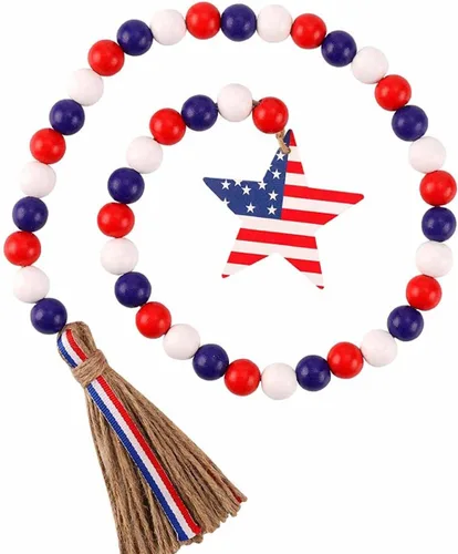 CYee Guirnalda patriótica de cuentas de madera del 4 de julio con borlas rústicas para colgar en la pared con bandera americana con etiqueta de
