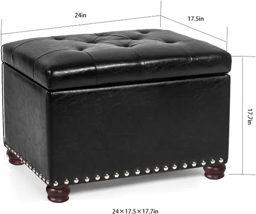 Miniatura 3 de Otomana de cuero con almacenamiento, 24 pulgadas, reposapiés otomanos con tapa con bisagras, taburetes tapizados rectangulares, con cabeza de clavo
