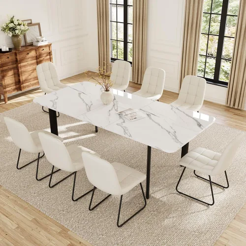 Miniatura 19 de HIPIHOM Mesa de comedor extensible para 6-8 personas, mesa rectangular de 63 a 78.7 pulgadas, MDF blanco con patas de metal resistentes, ahorro