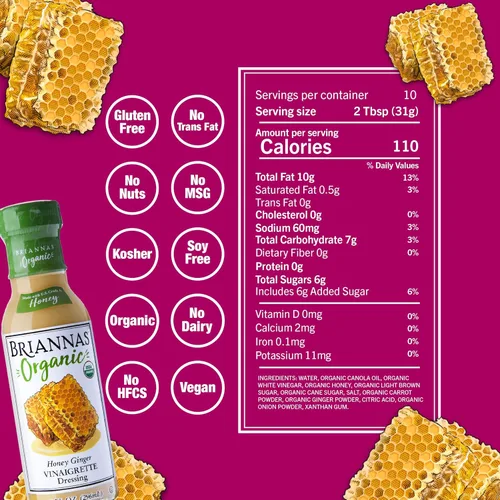Miniatura 2 de BRIANNAS - Aderezo orgánico de vinagreta de miel y jengibre - Aderezo de ensalada certificado Kosher y orgánico hecho con ingredientes de primera