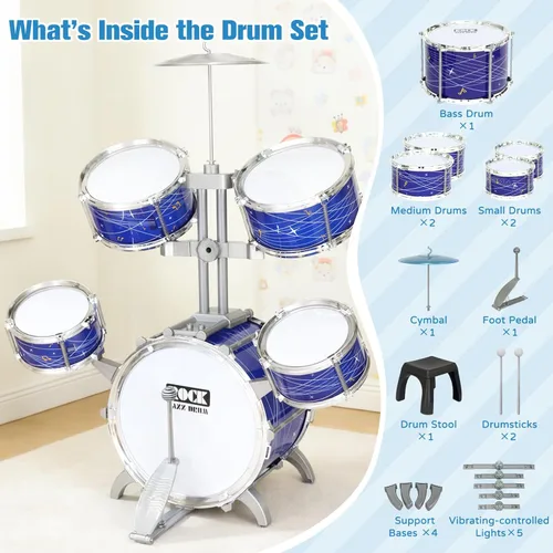 Miniatura 8 de Juego de batería para niños pequeños de 1 a 3 años, kit de batería de jazz de 5 piezas con taburete, pedal de bajo y platillo, instrumento musical