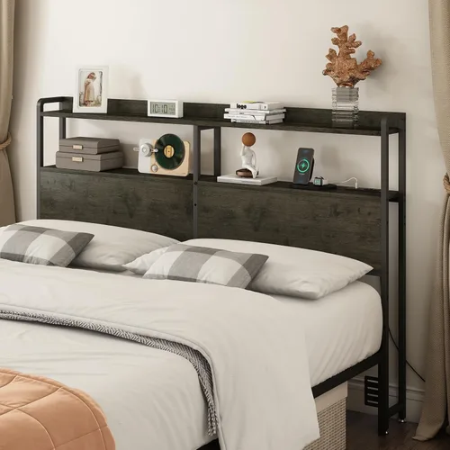 METYERRY Cabecera para base de cama tamaño Queen con almacenamiento, altura ajustable, cabeceros con tomacorrientes, puertos USB, tipo C, luz LED,