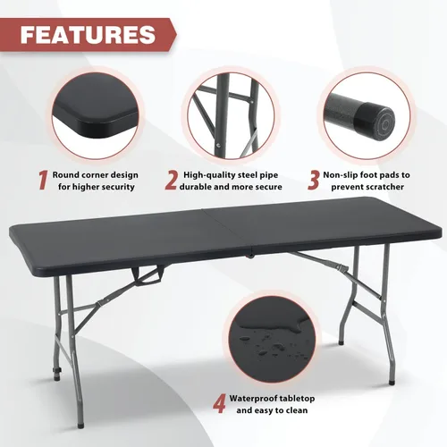 Miniatura 4 de Mesa Plegable de 6 Pies de Plástico Resistente Plegable con Asa de Transporte para Fiesta de Jardín, Picnic, Camping, Barbacoa, Comedor, Cocina