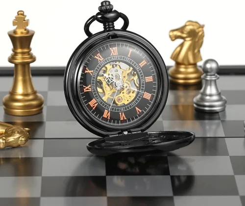 Miniatura 2 de Reloj de bolsillo mecánico de esqueleto para hombre, diseño de dragón fénix, caja negra con cadena + caja de regalo para hombre, Negro -, Mecánico
