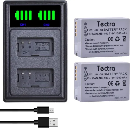 Tectra Paquete de 2 baterías NB-10L NB10L y cargador dual LED para cámara digital Canon PowerShot SX60 HS, SX50 HS, SX40 HS, G1X, G3X, G15, G16