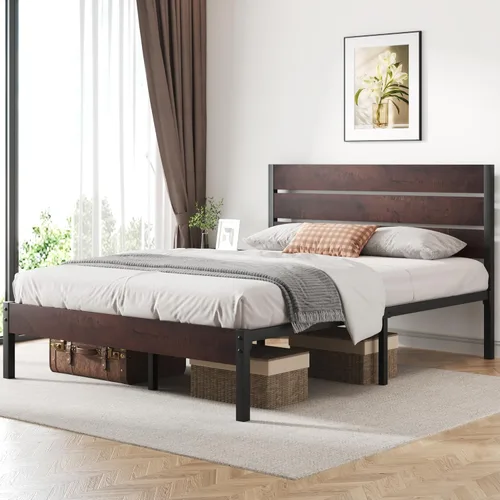 Miniatura 4 de Fluest Base de cama Queen con cabecero y estribo, con almacenamiento debajo de la cama, sistema de soporte totalmente metálico, no necesita somier