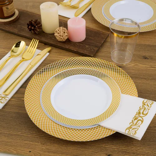 Miniatura 3 de FOCUSLINE Juego de 102 platos de plástico dorados desechables con borde de rejilla dorada, 51 platos llanos de 10 pulgadas y 51 platos de ensalada