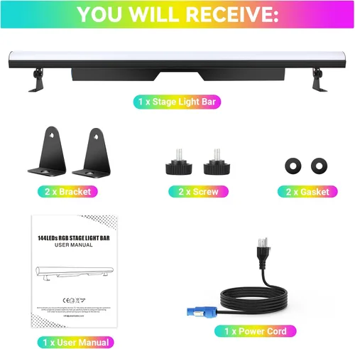 Miniatura 8 de Barra de luz LED para escenario, paquete de 2: mezcla de colores RGB de 60 W, control DMX y RDM, 67 programas de persecución y 37 colores estáticos