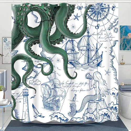 Miniatura 16 de Fungarth Cortina de ducha de pulpo náutico azul, sirena azul marino, divertida cortina de ducha estilo kraken del océano para baño, ancla fresca