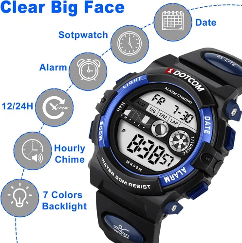 Miniatura 2 de CKV Kids Digital Watch Boys Teenage Watches Ages 5-18,50M Waterproof Multifunctional Sport Watches with 7 LED Backlight Alarm Calendar Timer for