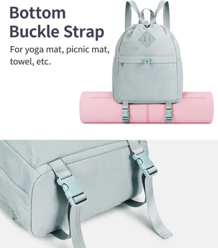 Miniatura 2 de WANDF Mochila con cordón para mujer, bolsa de gimnasio con correa para esterilla de yoga, resistente al agua, con bolsillo de malla, Gris