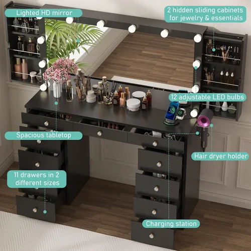 Miniatura 5 de Likein Escritorio de tocador con espejo y luces, tocador negro con armario de almacenamiento de joyas, tocador de maquillaje para dormitorio con 11