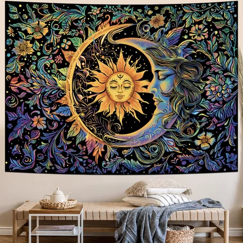 Tapiz de sol y luna, psicodélico, místico, floral, hippie, bohemio, flores, tapices de pared, tapices estéticos vintage para colgar en la pared para