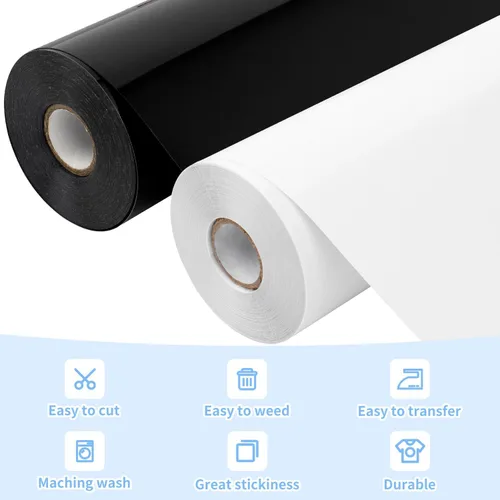 Miniatura 3 de VinylRus Vinilo de transferencia de calor, rollo de vinilo para planchar en blanco y negro de 12 pulgadas x 50 pies para camisas, vinilo HTV