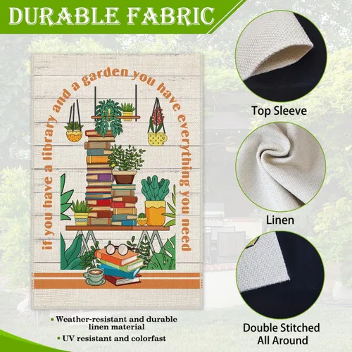 Miniatura 4 de Hafhue Bandera de jardín de bienvenida con texto en inglés "If You Have A Library And A Garden", de doble cara de 12 x 18 pulgadas, para decoración